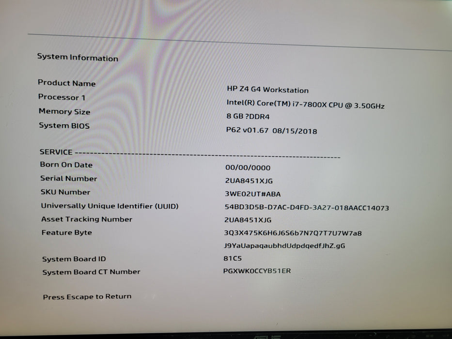 HP Z4 G4 Workstation - Core i7-7800X 8GB DDR4 NO HDD