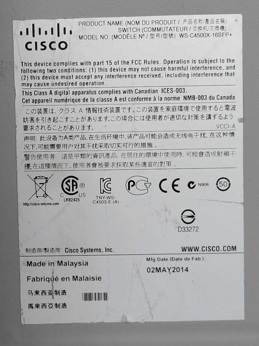Cisco WS-C4500X-16SFP+ V03 10 Gigabit Eth Switch 2x PSU, Factory reset Q_