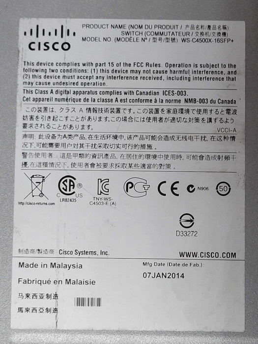 Cisco WS-C4500X-16SFP+ V03 10 Gigabit Eth Switch 2x PSU, Factory reset Q_