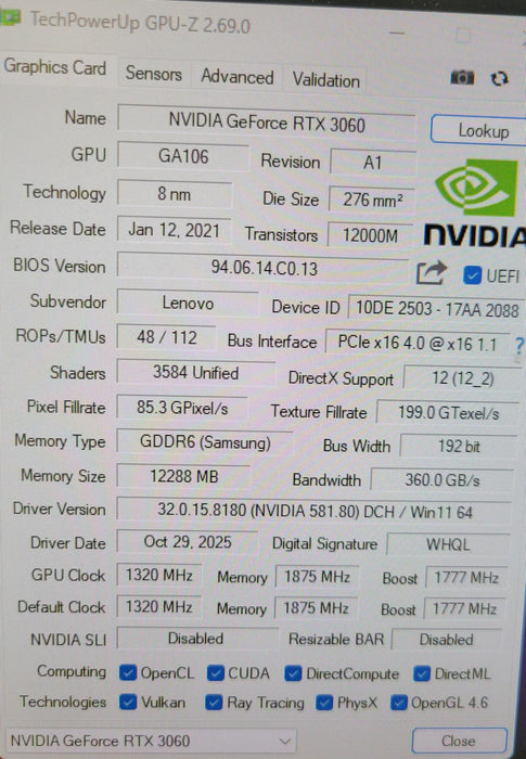 Lenovo NVIDIA RTX 3060 12GB GDDR6