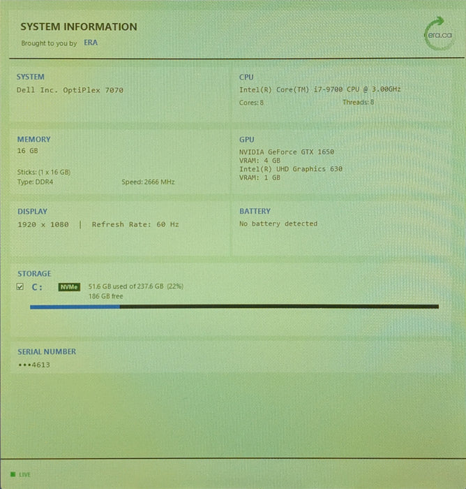 Dell OptiPlex 7070 Tower, i7-9700 3.9GHz, 16GB DDR4, 256GB NVMe, GTX1650