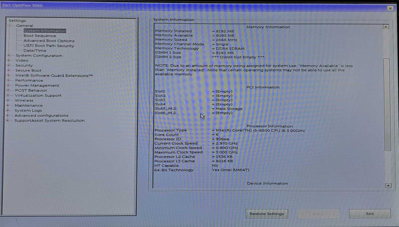 Dell OptiPlex 3060 Tower | i5-8500 @ 3.00GHz 6C, 8GB DDR4, 500GB NVMe