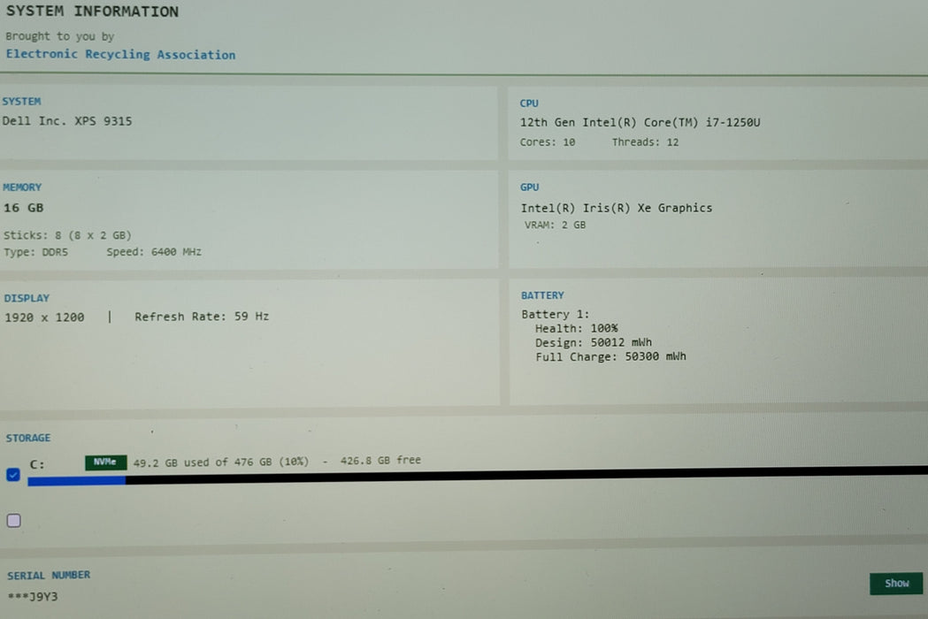 Dell XPS 9315 i7-1250U 16GB DDR5 512GB NVMe