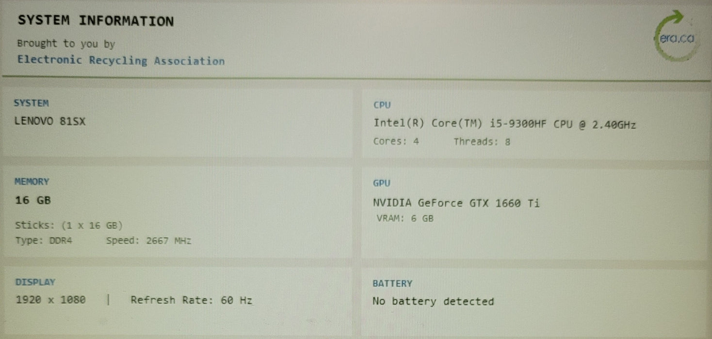 Lenovo Legion Y540 i5-9300H 16GB DDR4 GTX 1660 Ti NO SSD FOR PARTS/REPAIR