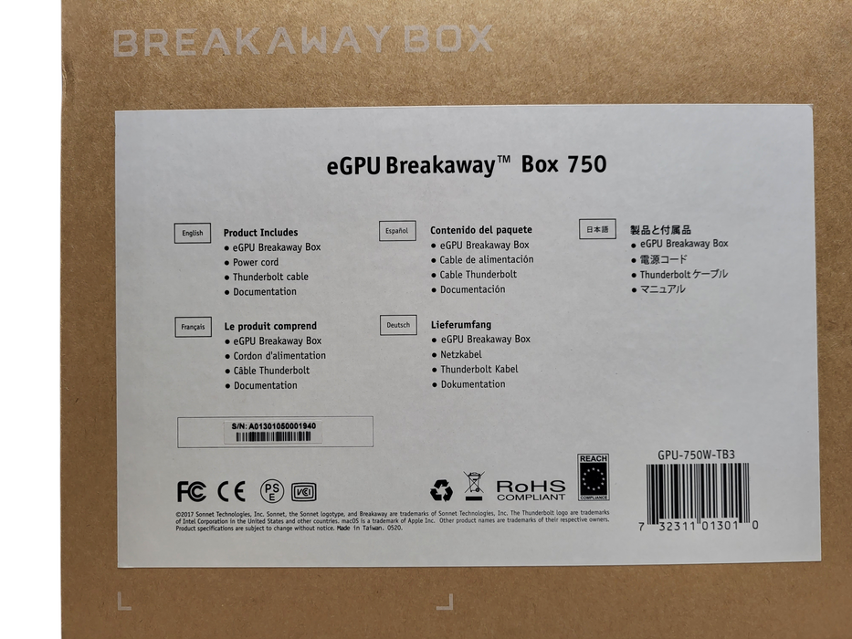 New Sonnet eGPU Breakaway Box 750 Model GPU-750W-TB3