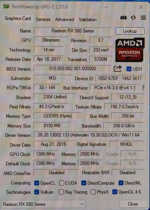 MSI AMD Radeon RX 580 8GB GDDR5 Graphics Card