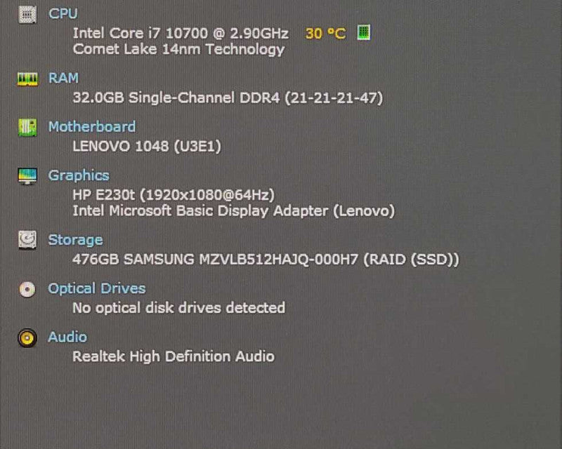 Lenovo ThnkStation P340, Core i7-10700 8-Core 2.9GHz, 32GB RAM, 512GB Nvme