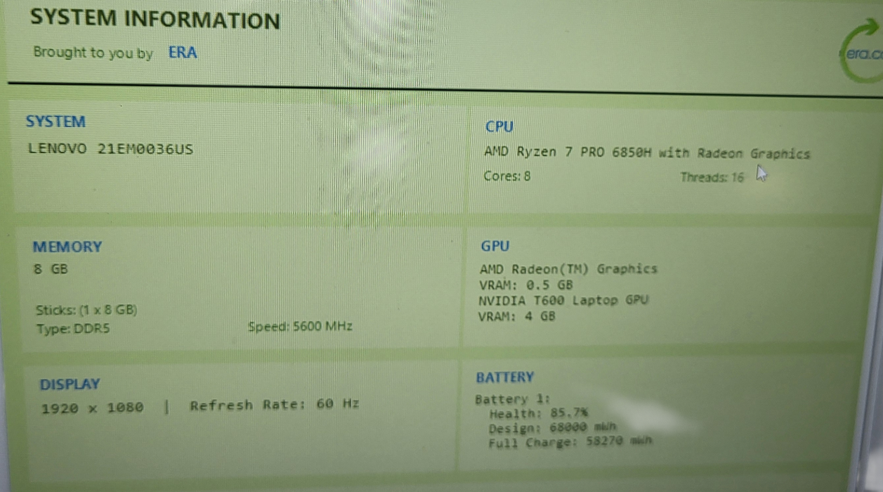 Lenovo ThinkPad P15V Ryzen 7 PRO 6850H | 8GB DDR5 | T600 GPU | 256GB NVMe |READ