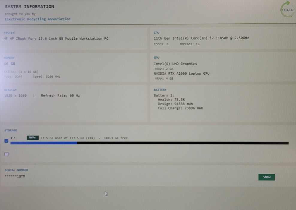 HP ZBook Fury 15.6" G8 i7-11850H 16GB DDR4 RTX A2000 256GB NVMe **READ**