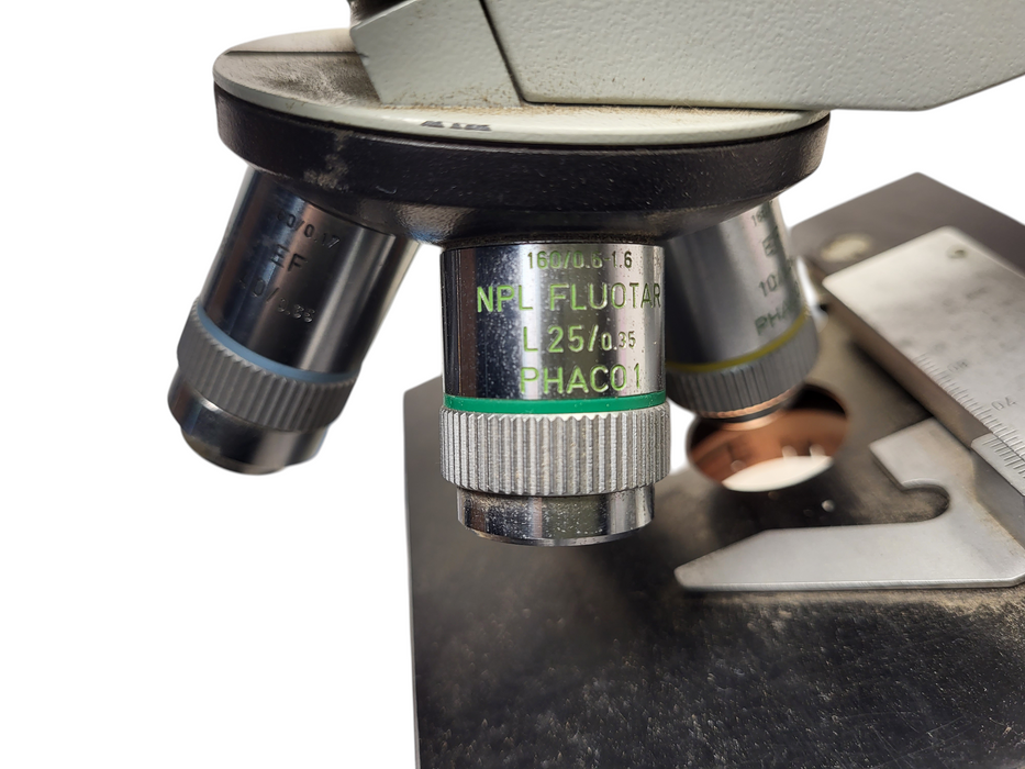 Vintage CARL ZEISS JENA BINOCULAR MICROSCOPE 10/0.25, L25/0.35, 40/0.65, 160/-A