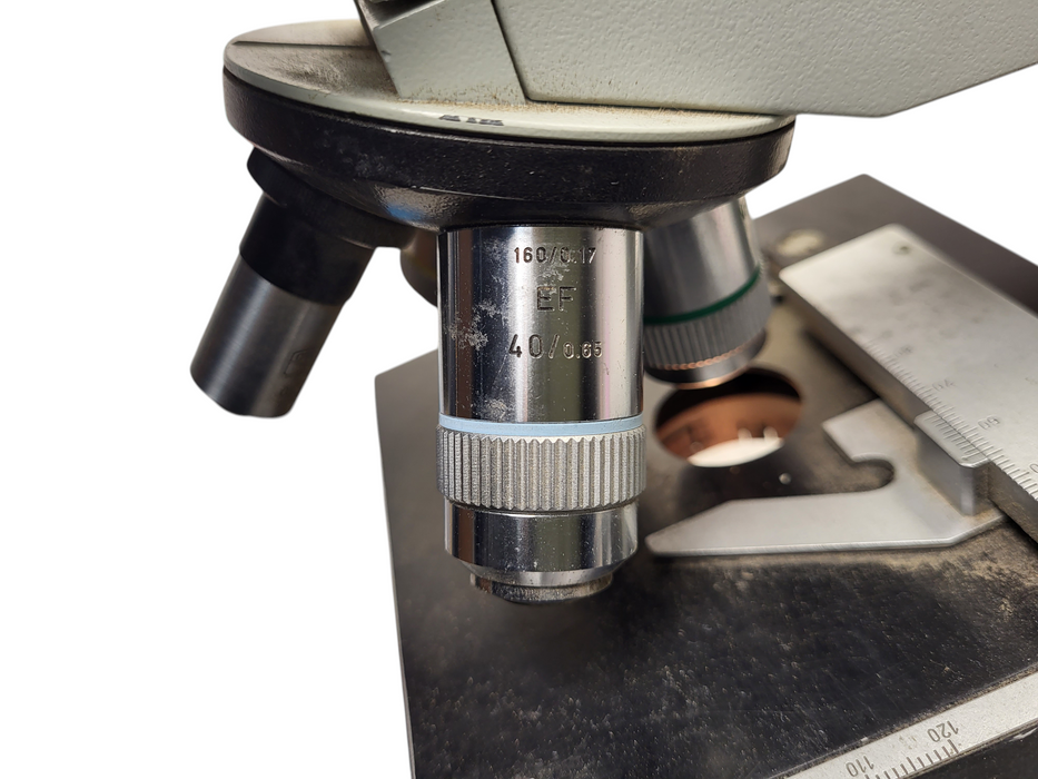 Vintage CARL ZEISS JENA BINOCULAR MICROSCOPE 10/0.25, L25/0.35, 40/0.65, 160/-A