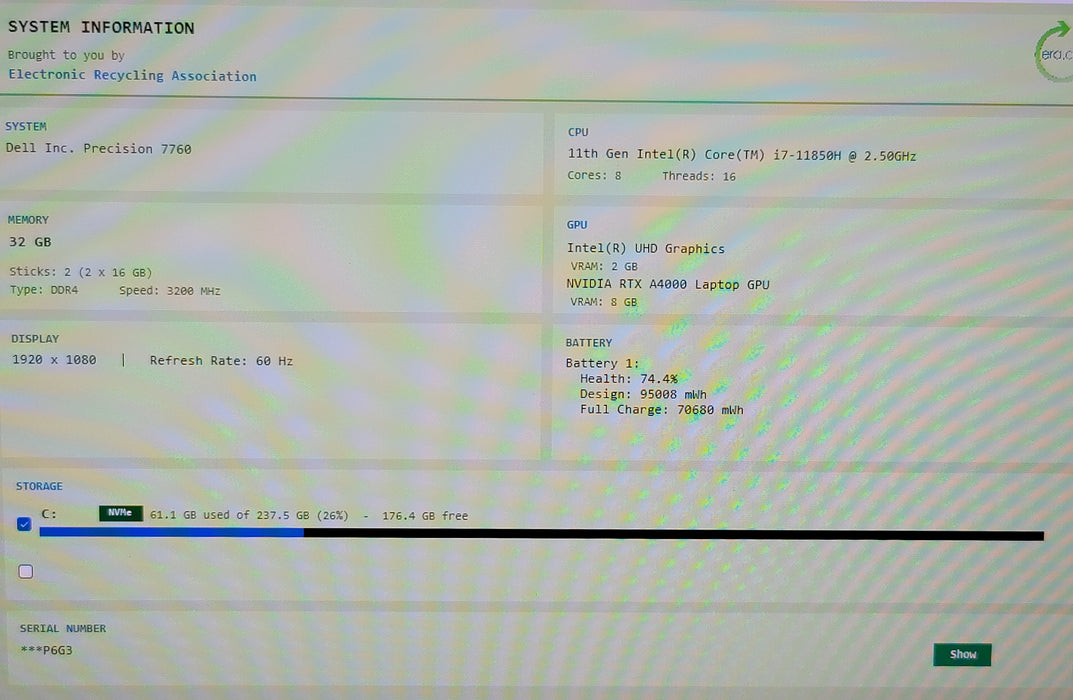 Dell Precision 7760 i7-11850H 32GB DDR4 RTX A4000 256GB NVMe READ