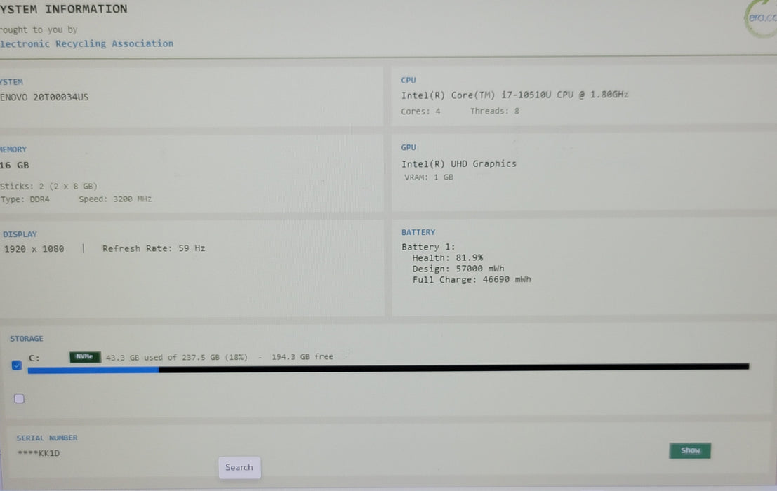 Lenovo ThinkPad T14s i7-10510U 16GB DDR4 256GB NVMe READ