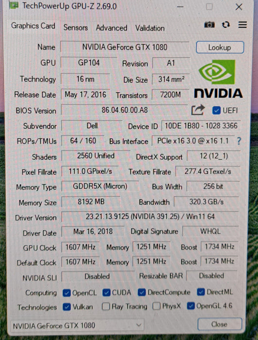 Dell NVIDIA GeForce GTX 1080 8GB GDDR5X Graphics Card