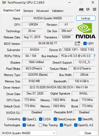 NVIDIA Quadro M4000 8GB GDDR5 Graphics Card - 4xDP