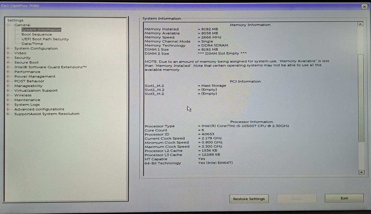 Dell OptiPlex 7080 Micro | Intel Core i5-10500T @2.30GHz, 8GB DDR4, 256GB NVMe