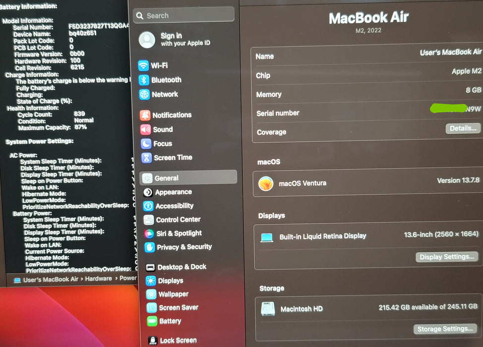 Apple MacBook Air 13" 2022 A2681 M2 8GB RAM 256GB SSD