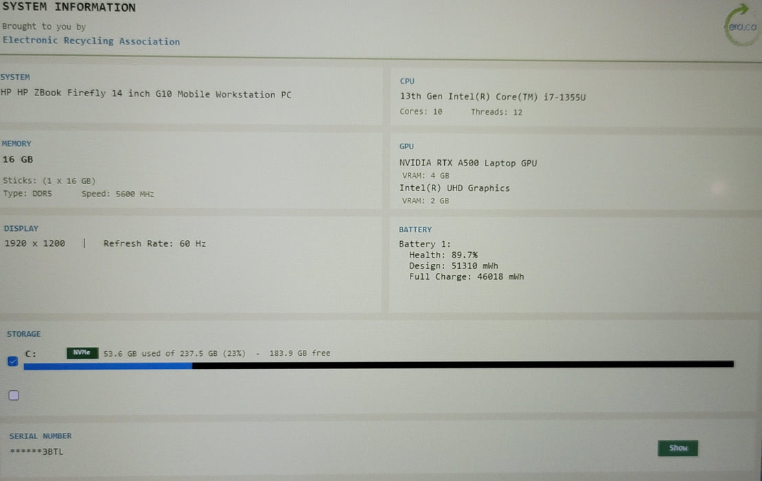 HP ZBook Firefly 14" G10 i7-1355U 16GB DDR5 RTX A500 256GB NVMe Touch// READ
