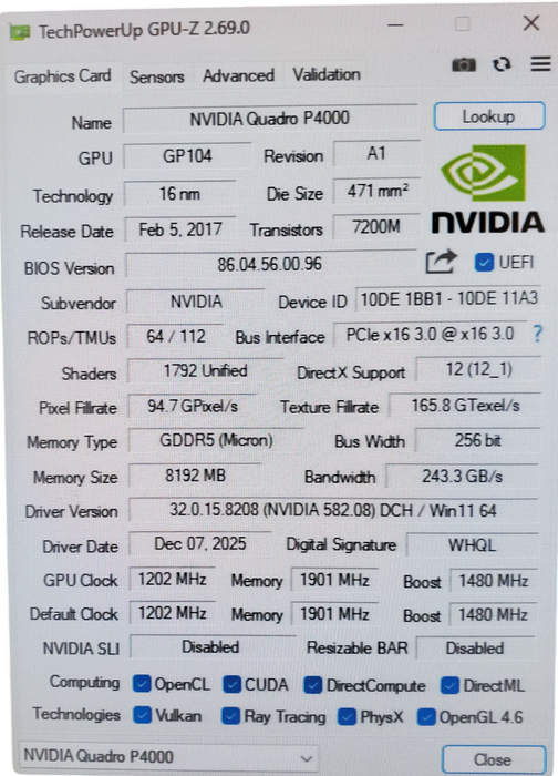NVIDIA Quadro P4000 8GB GDDR5 Graphics Card | 4xDisplay Port