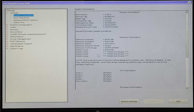 Dell precision T3620, Xeon E3-1225 V5 3.30GHz, 8GB DDR4, No HDD, No GPU