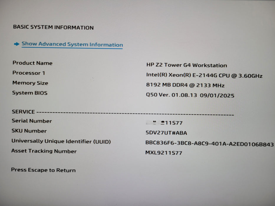 HP Z2 G4 Workstation Intel Xeon E-2144G @3.60GHz, 8GB RAM,  256GB NVMe P620