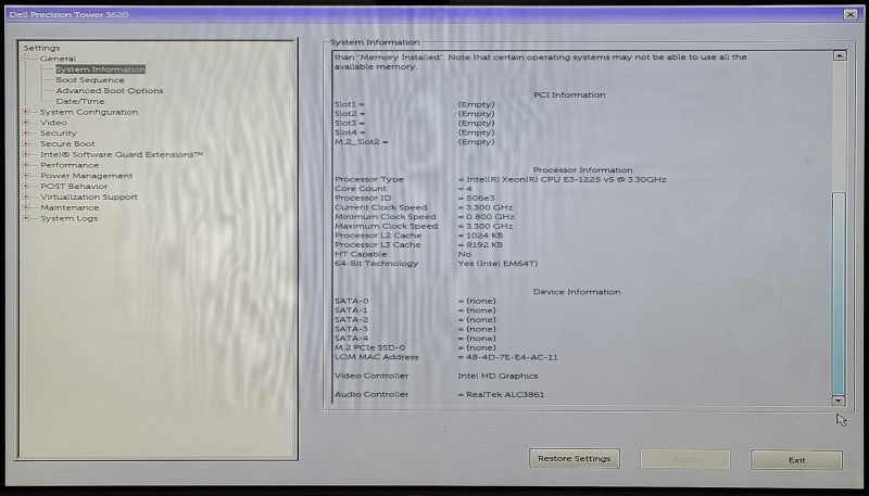 Dell precision T3620, Xeon E3-1225 V5 3.30GHz, 8GB DDR4, No HDD, No GPU