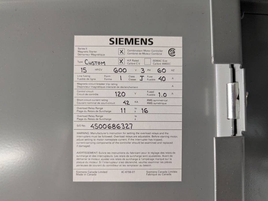 SIEMANS SERIES II MAGNETIC STARTER, READ