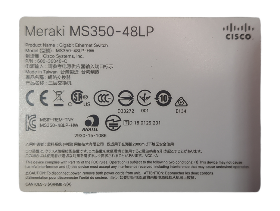 Cisco Meraki MS350-48LP-HW 48-port Cloud Managed Switch - UNCLAIMED