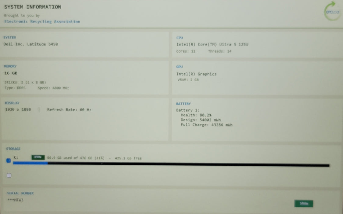 Dell Latitude 5450 Core Ultra 5 125H 16GB DDR5 256GB NVMe