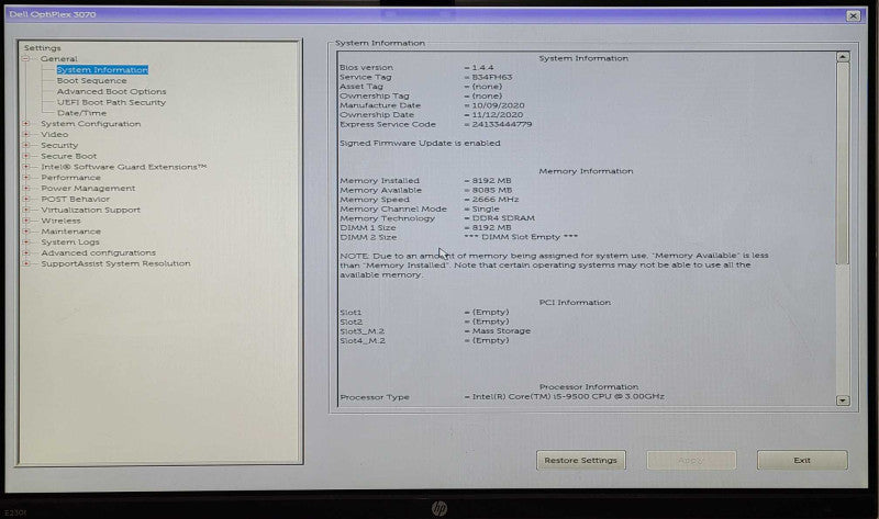 Dell OptiPlex 3070, Core i5-9500 3.00GHz, 8GB RAM, 256GB NVMe