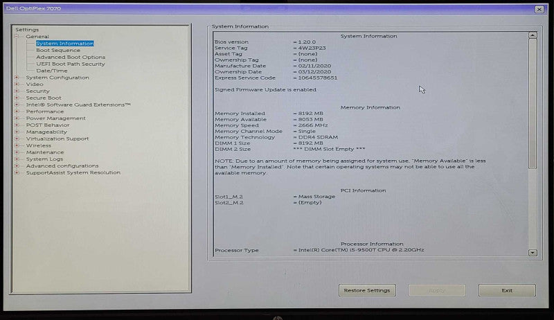 Dell OptiPlex 7070 USFF, i5-9500T 2.20GHz, 8GB DDR4, 256GB SSD