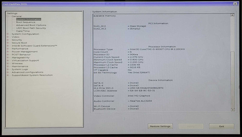 Dell OptiPlex 7070 USFF, i5-9500T 2.20GHz, 8GB DDR4, 256GB SSD