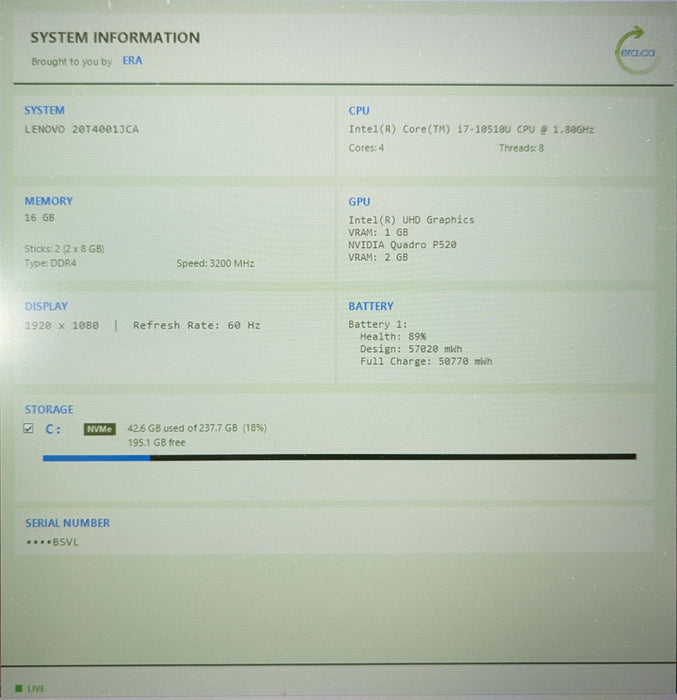 Lenovo ThinkPad P15s, i7-10510U, 16GB DDR4, 256GB NVMe, QUADRO P520, No PWR