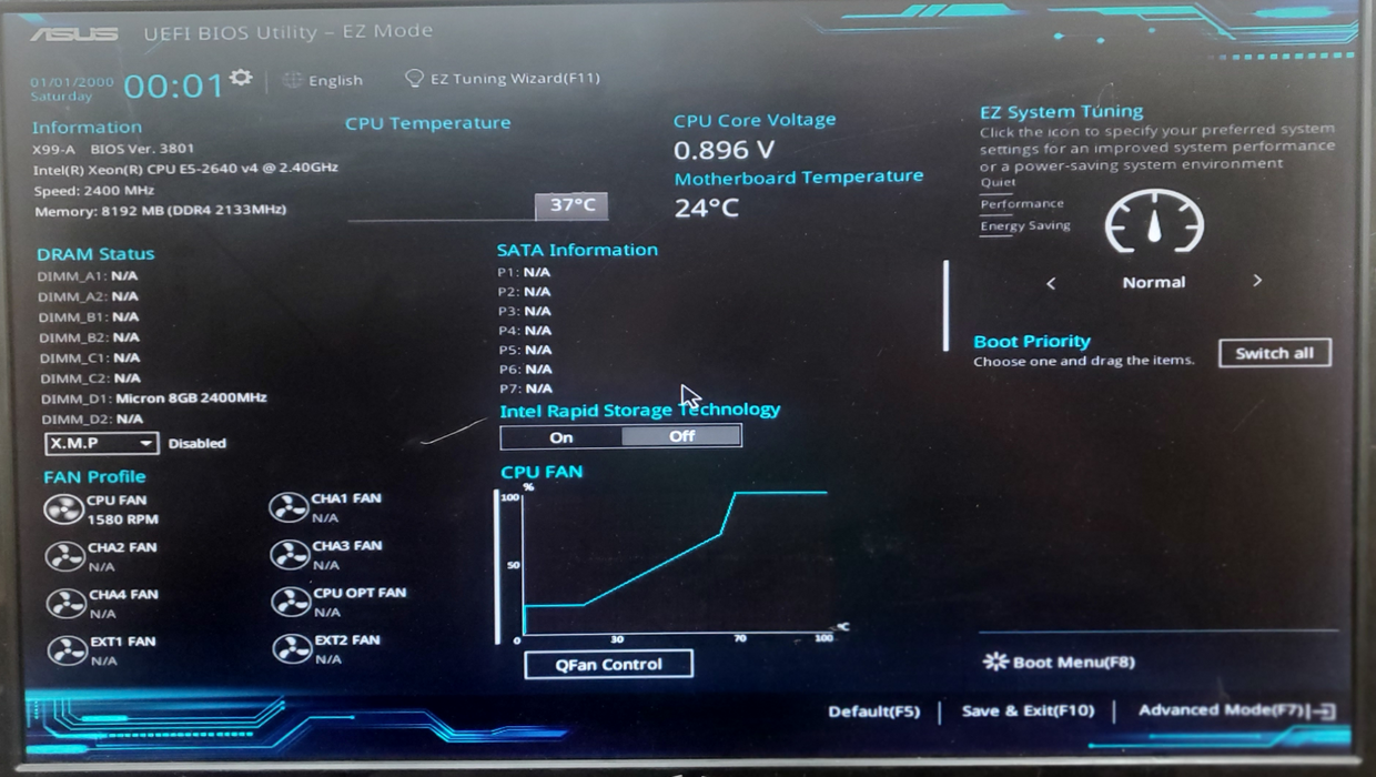 ASUS X99-A Motherboard - Intel Xeon E5-2640V4, 8GB DDR4 - No I/O Shield/Heatsink