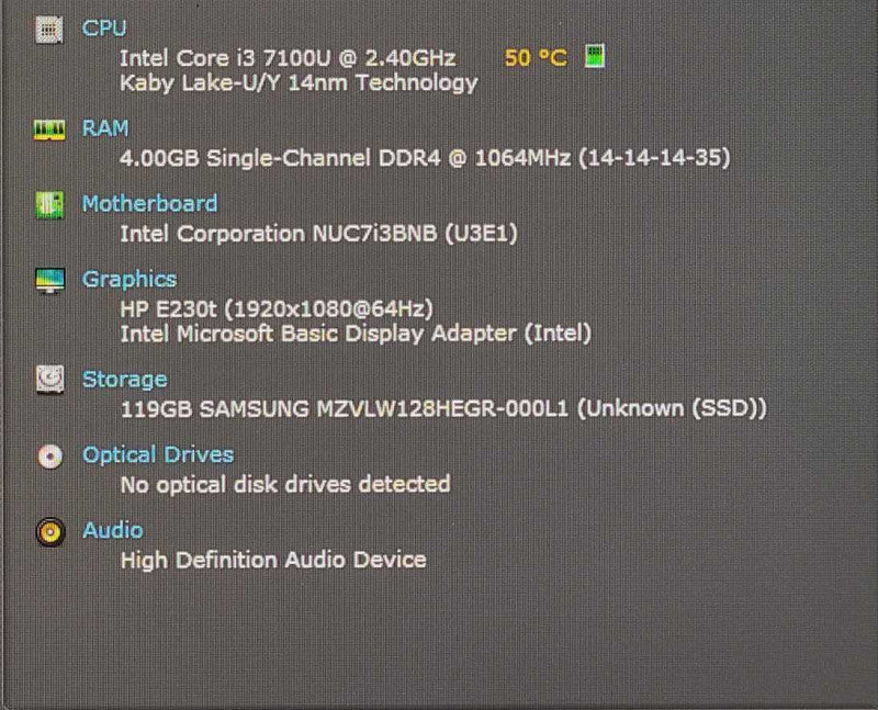 Intel NUC NUC7I3BNB PC, i3-7100U 2.40GHz, 4GB RAM, 128GB Nvme, WiFi
