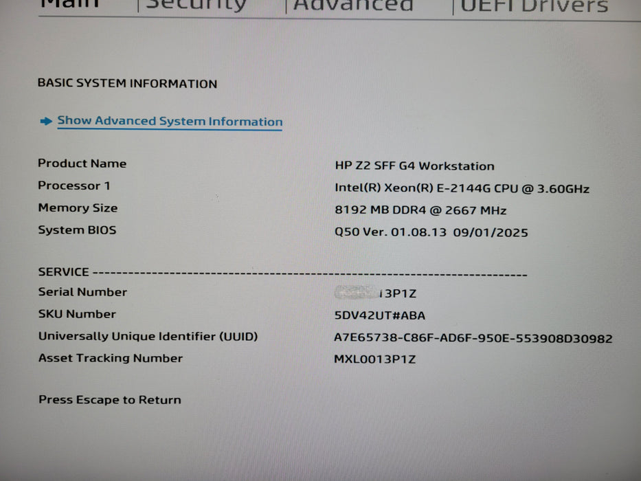 HP Z2 SFF G4 Workstation, Xeon E-2144G 3.60GHz, 8GB DDR4, 256GB NVMe,