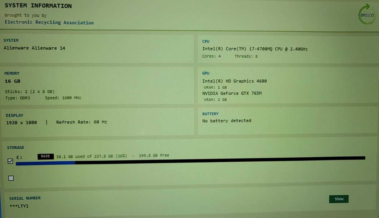 Alienware 14 i7-4700MQ 16GB DDR4 GTX 765M 256GB SSD No Battery  READ