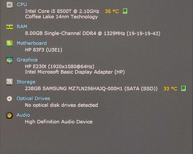 HP ProDesk 400 G4 USFF, i5-8500T 2.10GHz 6C, 8GB DDR4, 256GB SSD, WiFi