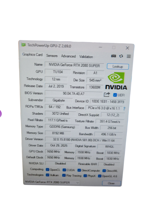 GIGABYTE NVIDIA RTX 2080 SUPER 8GB GDDR6 (READ)