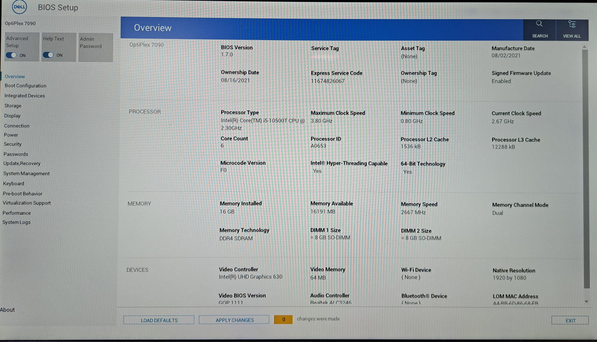 Dell OptiPlex 7090 Micro | Intel Core i5-10500T @2.30GHz, 16GB DDR4, 256GB NVMe