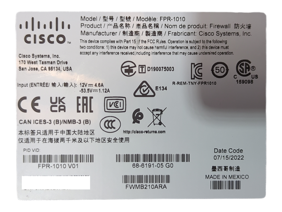 Cisco Firepower 1000 Series FPR-1010 Network Security Firewall, No PWR