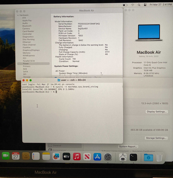 Apple MacBook Air 13" 2020 i5-1030NG7 8GB 512SSD No Power Adapter