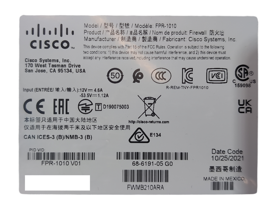 Cisco Firepower 1000 Series FPR-1010 Network Security Firewall, No PWR