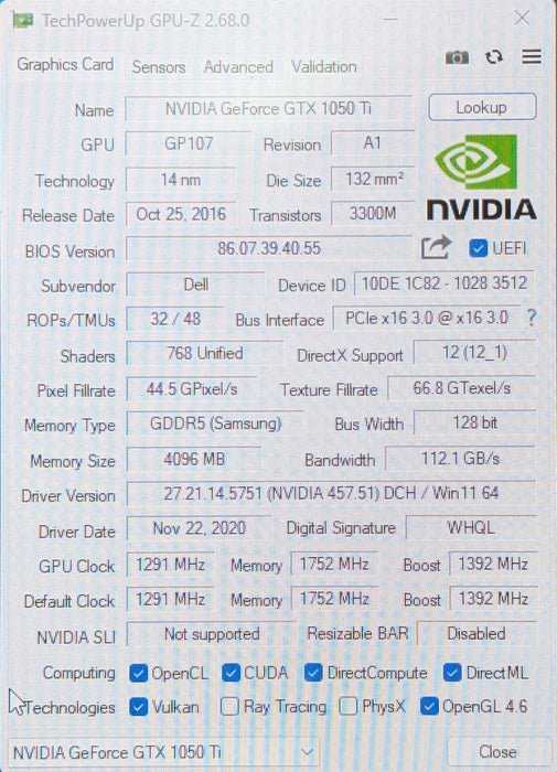 Nvidia GeForce GTX 1050TI 4GB (Dell version MS-V351) HDMI, DVI, DisplayPort