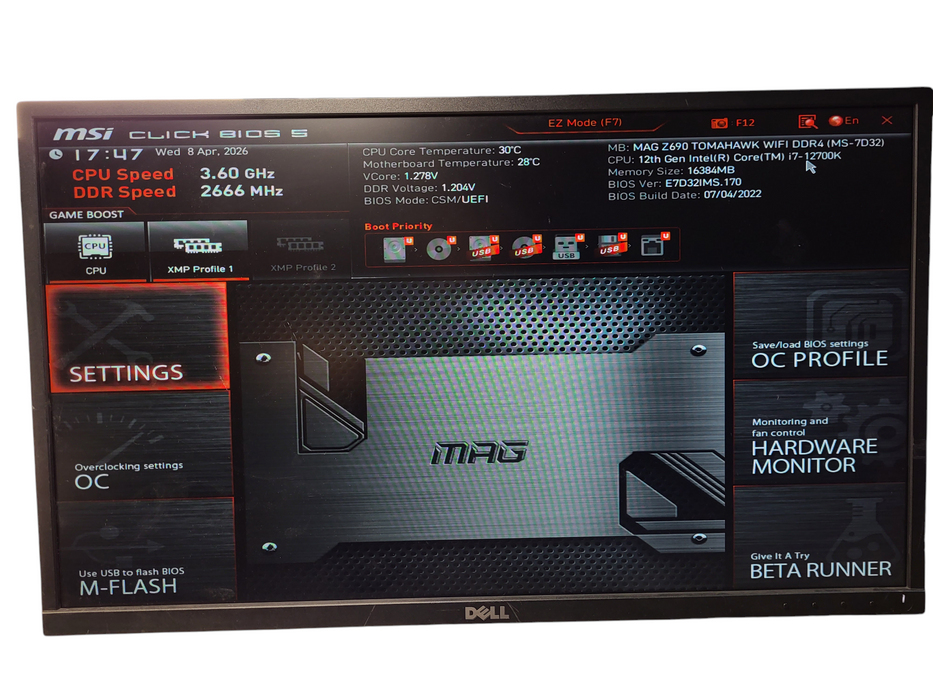 MSI MAG Z690 Motherboard TOMAHAWK WIFI DDR4 ATX LAG1700 w/ i7-12700K, 16GB DDR4
