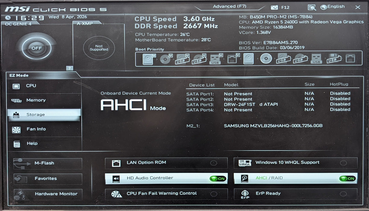 Custom PC, msi B450M PRO-M2, Ryzen 5 2400G, 16GB DDR4, 256GB NVMe