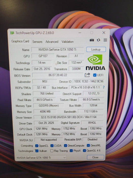 NVIDIA GeForce GTX 1050 Ti MSI Small Form DDR5 4GB