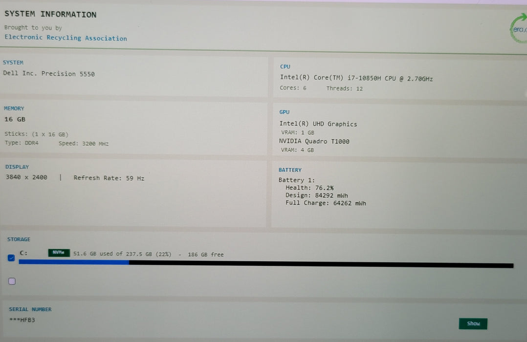 Dell Precision 5550 15" i7-10850H 16GB DDR4 Quadro T1000 256GB NVMe 4K TouchREAD