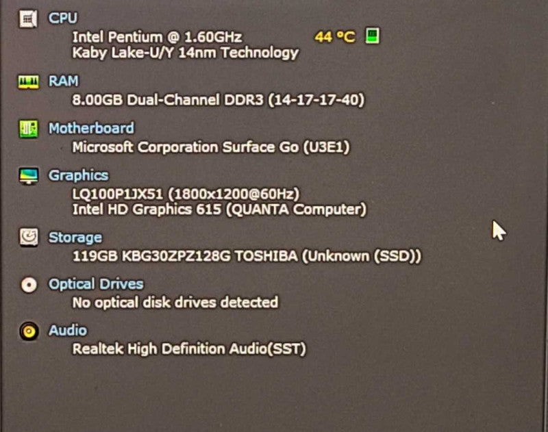 Microsoft Surface Go (1824), Pentium 4415Y 1.60GHz 2C, 8GB DDR3, 128GB SSD