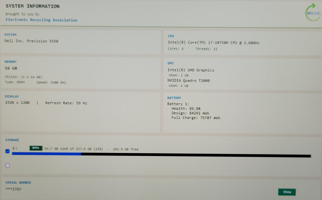 Dell Precision 5550 15" i7-10850H 16GB DDR4 Quadro T1000 256GB NVMe